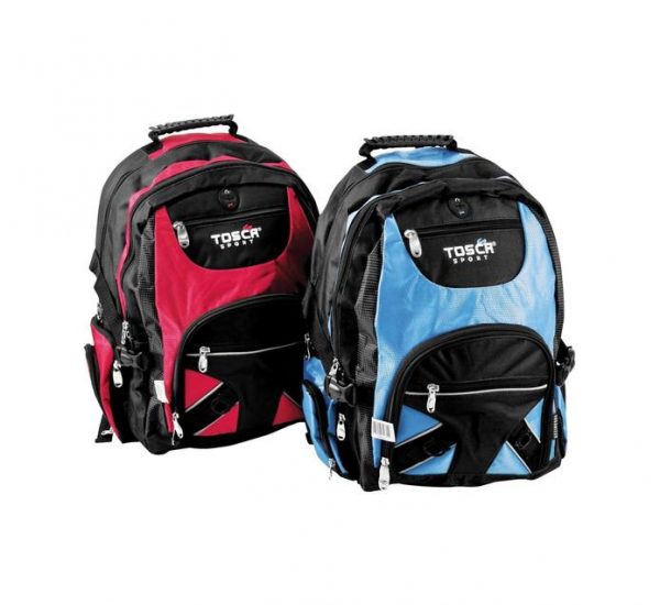 Red and blue laptop backpacks next to each other